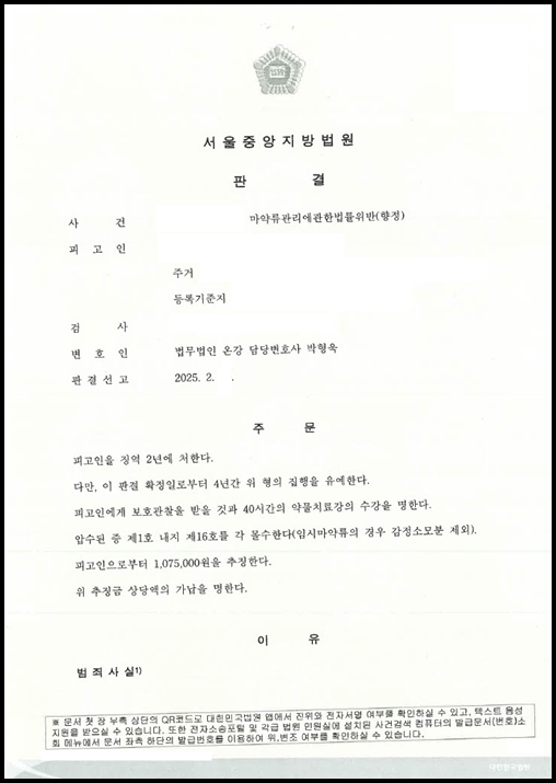 심리적 고통 해소를 위한 러쉬 제조, 투약, 소지 마약류관리법 위반 혐의