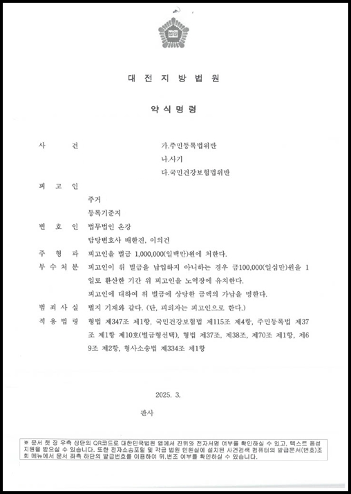 타인명의로 약물처방 받아 주민등록법위반, 사기, 국민건강보험법위반