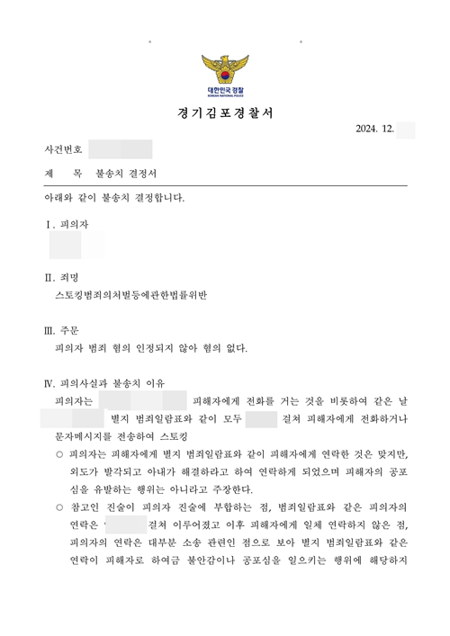 SNS에서의 갈등으로 인한 스토킹범죄의처벌등에관한법률위반 피소