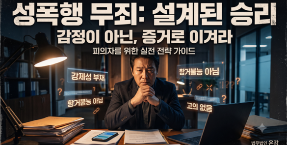 성폭행 무죄 주장의 세 가지 다툼 지점 도식 (강제성·항거불능·고의)