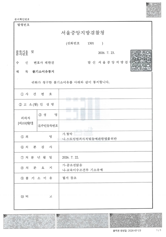 스토킹 협박 기소유예