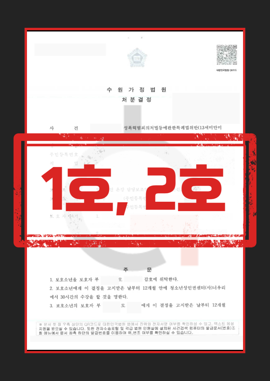 아동·청소년보호법 위반 사건 보호처분 1호·2호 결정문