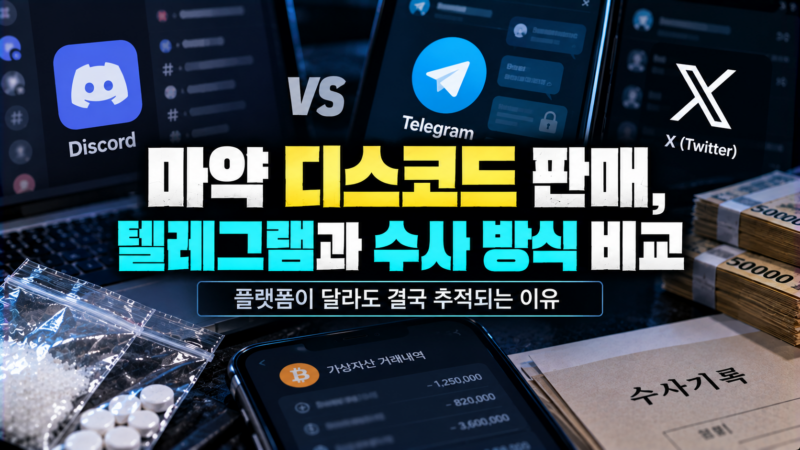 마약 디스코드 판매와 텔레그램 수사 방식 차이를 설명하는 이미지