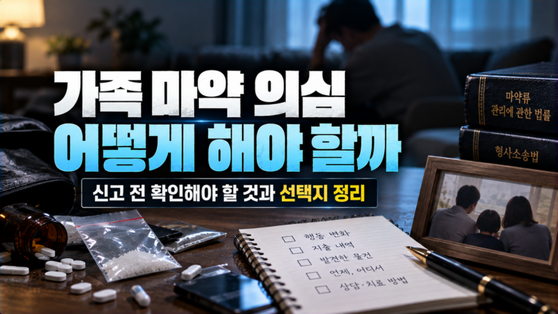 가족 마약 의심이 들었을 때 확인, 대화, 상담, 선택 순서로 대응하는 단계 이미지
