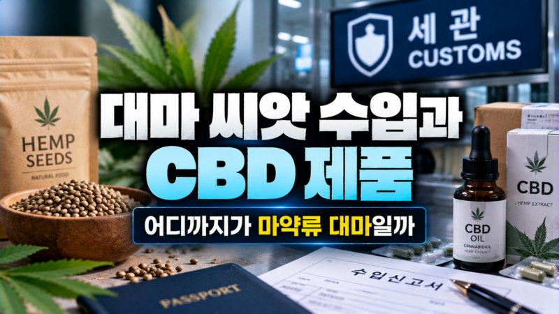대마 씨앗 수입과 CBD 제품이 마약류관리법상 대마에 해당하는 범위를 용어별로 정리한 이미지