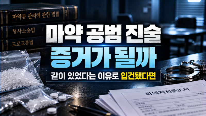 마약 공범 진술이 증거로 쓰이는 과정과 동석자 입건 상황을 설명하는 이미지