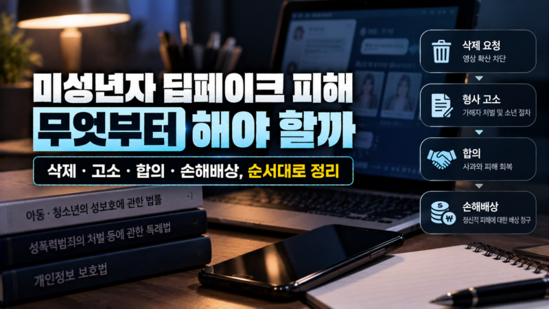 미성년자 딥페이크 피해 후 삭제 요청, 고소, 합의, 손해배상 선택지를 비교한 이미지
