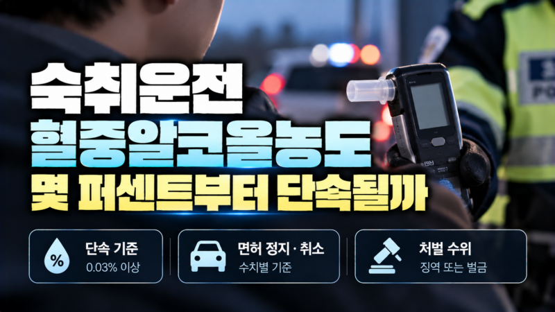 숙취운전 단속 기준이 되는 혈중알코올농도별 면허 처분과 처벌을 정리한 이미지