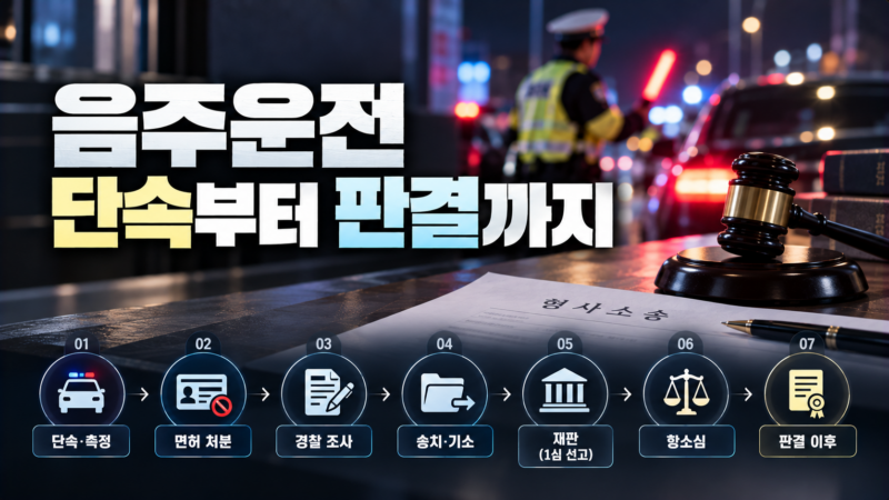 음주운전 단속 판결 절차를 단속, 면허 처분, 조사, 기소, 재판, 항소, 판결 이후로 나눈 단계별 지도 이미지