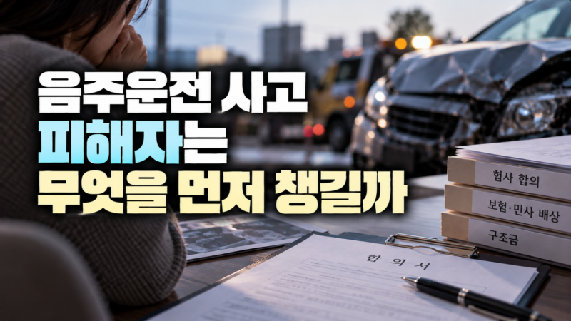 음주운전 사고 피해자가 형사 합의, 보험·민사 배상, 구조금, 의견 진술을 비교하는 이미지