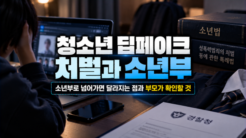 청소년 딥페이크 처벌이 나이와 행위에 따라 소년부 송치와 형사재판으로 갈리는 흐름을 나타낸 이미지