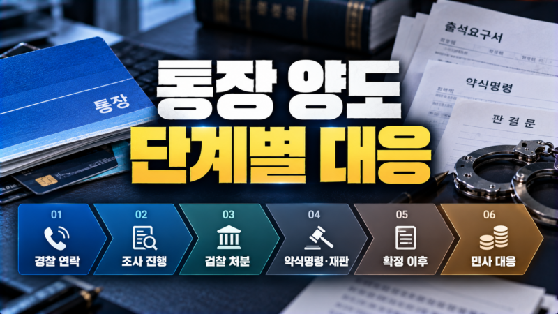 통장 양도 단계별 대응을 수사부터 확정 이후까지 순서대로 정리한 지도 이미지