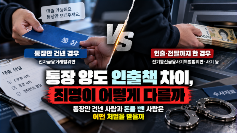 통장 양도 인출책 차이를 적용 죄명별로 비교한 표 이미지